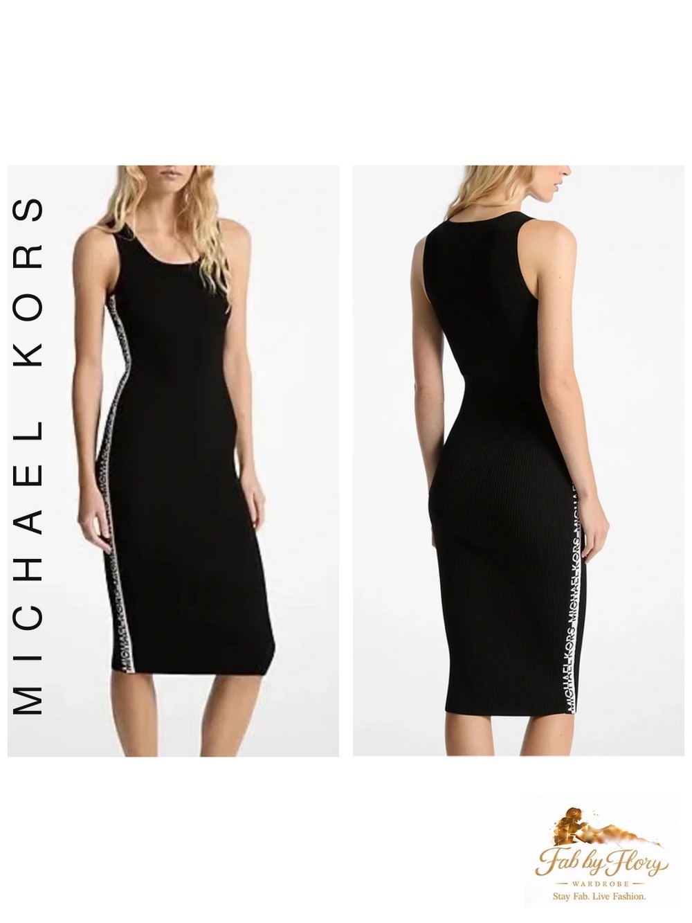 Michael Kors Black Tank Midi Dress with White Logo Side Trim